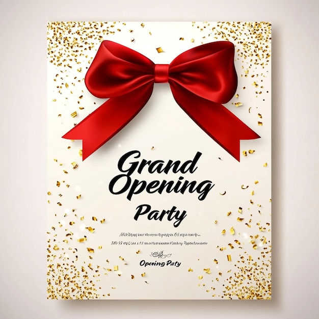 Photo grand opening invitation card with red and gold ribbon