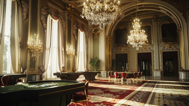 A grand ornate room in a casino featuring large chandeliers rich drapes and beautifully set gaming tables under soft lighting