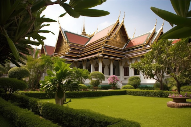 Grand palace surrounded by lush gardens and exotic fauna created with generative ai