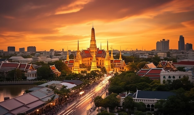 Grand Palace and Wat Phra Kaew Glowing in the Asian Sunset A Landmark in Bangkok Thailand