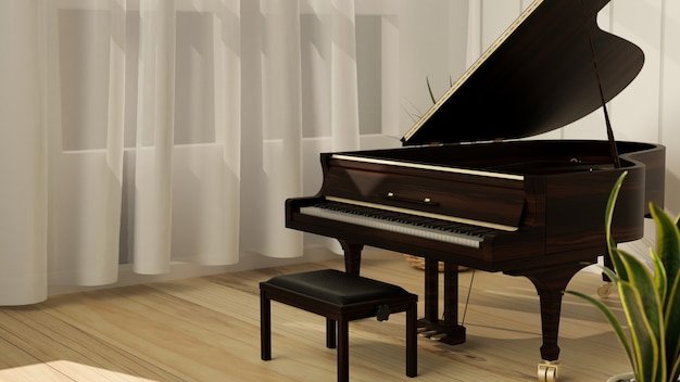 Grand piano in modern living room with light oak floor curtain and plant musical instrument 3d