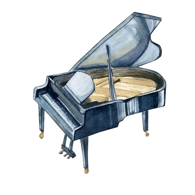 Grand piano musical instrument watercolor illustration on white background