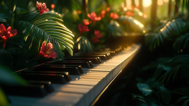 A grand piano nestled among tropical foliage and vibrant flowers during sunset