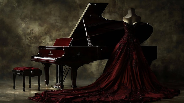 A grand piano and a red gown stand on a dark stage