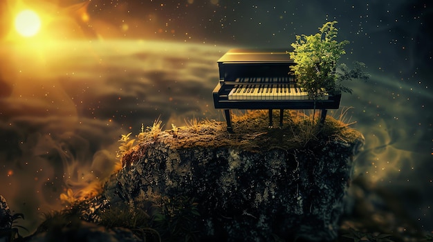 Photo a grand piano sits on a rocky cliff with a tree growing out of it set against a dreamy celestial background