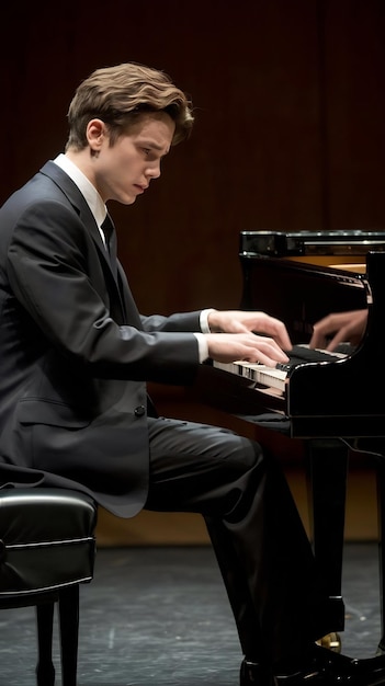 Photo grand piano takes center stage as male pianist in a suit begins his performance