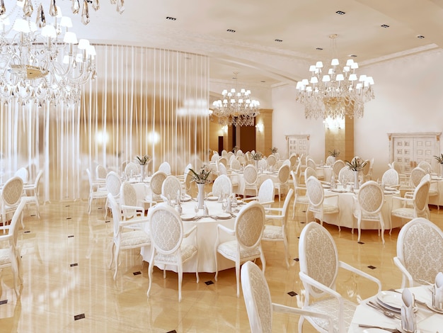 A Grand restaurant and a ballroom in a luxury hotel. The interior design is executed in classical style. 3D render.