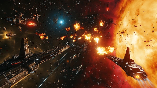 Photo grand space battle unfolds near glowing nebula starship explosion creating breathtakingly realistic