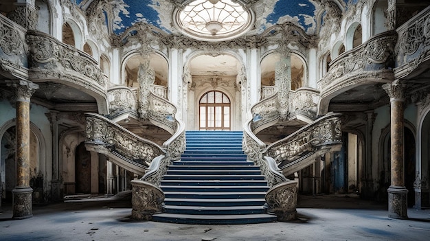 The grand staircase in an abandoned building