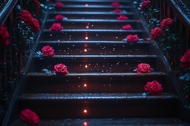 Grand Staircase Adorned with Red Roses and Warm Lighting