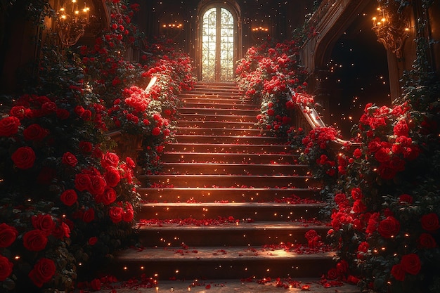 Grand Staircase Adorned with Red Roses and Warm Lighting