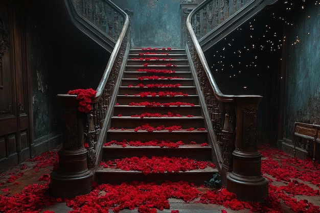 Photo grand staircase adorned with red roses and warm lighting