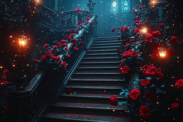 Grand Staircase Adorned with Red Roses and Warm Lighting