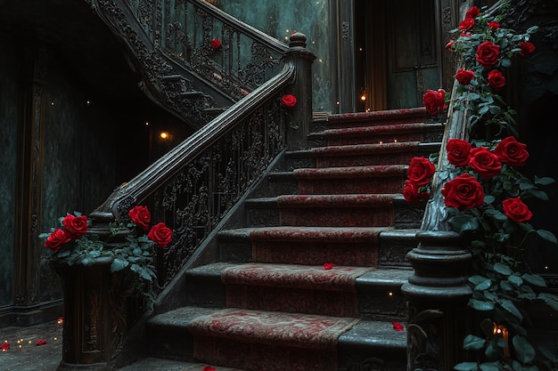 Photo grand staircase adorned with red roses and warm lighting