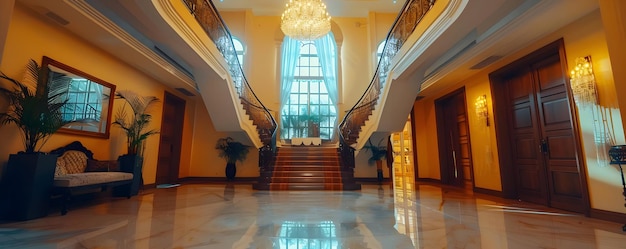 Photo grand staircase and chandelier in a luxurious mansion interior