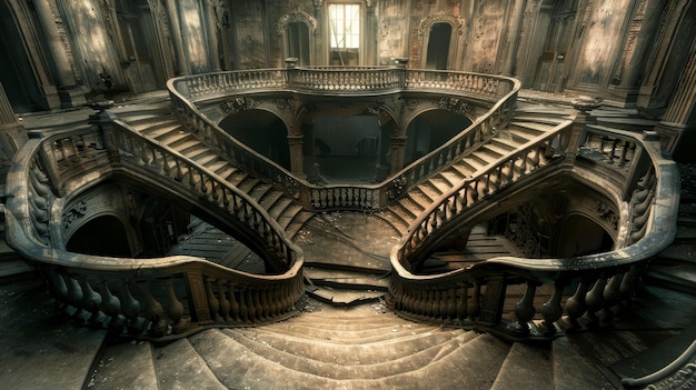 A grand staircase in a forgotten mansion bathed in a single ray