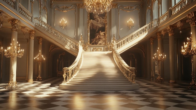 Grand Staircase in a Luxurious Golden Hall