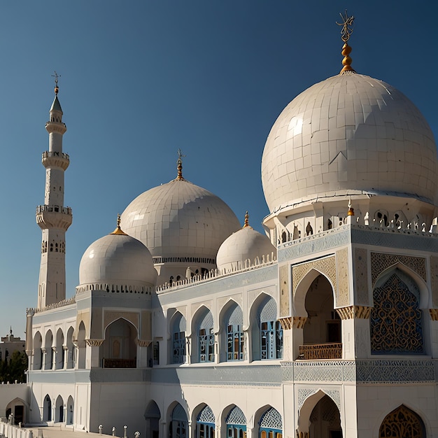 Photo a grand white mosque with a large blue dome and tall minarets against a clear blue sky