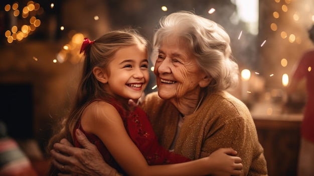 Granddaughter congratulates her elderly grandmother on her birthday Celebrating with her family at home Created with Generative AI technology