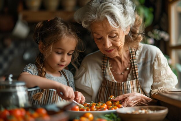 Granddaughter helps woman cook in bustling kitchen amidst ingredients