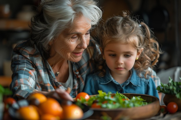 Granddaughter helps woman cook in bustling kitchen amidst ingredients