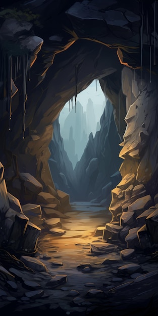 Grandeur Of Scale Illustrated Cave With Mountain Background