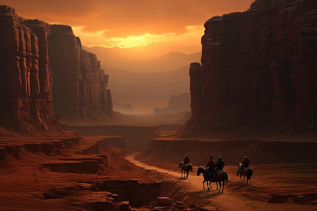 The grandeur of a Western canyon with riders and t 00635 03