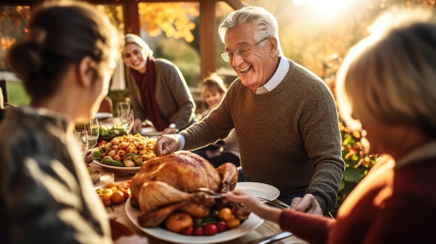 Grandfather cutting turkey for family on thanksgiving dinner