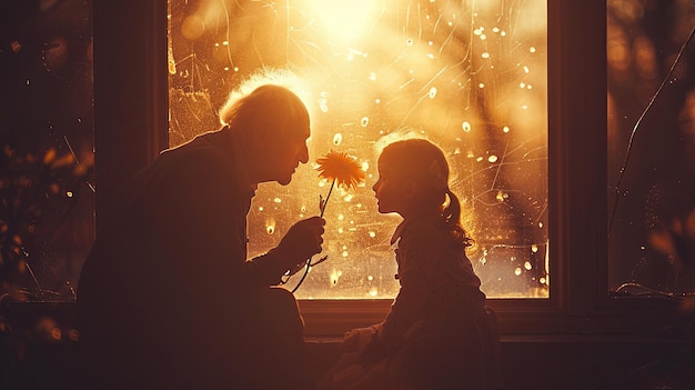 Grandfather giving a flower to his granddaughter in the living room Lifestyle photo Grandparent Day