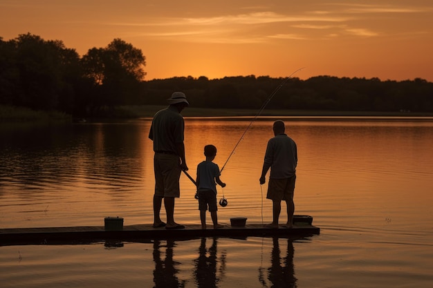 Grandfather grandson fishing sunset Generate Ai