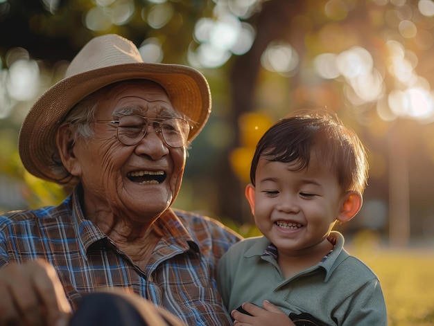 a grandfather and his grandson from Asia China Vietnam Thailand are happy in a playground