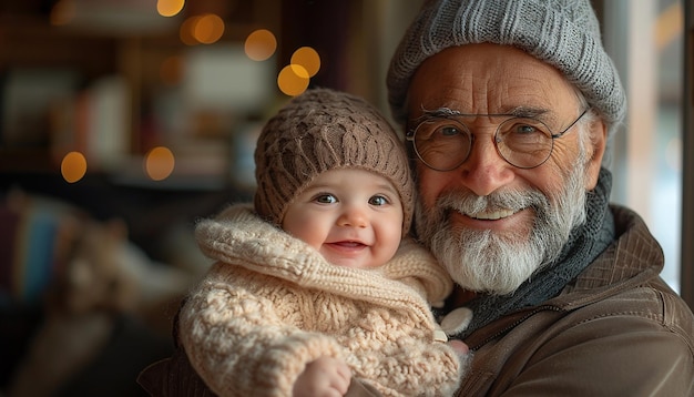 Photo grandfather holding laughing baby at home