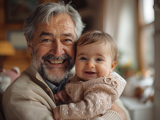 Photo grandfather holding laughing baby at home