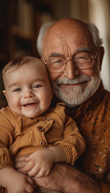 Photo grandfather holding laughing baby at home