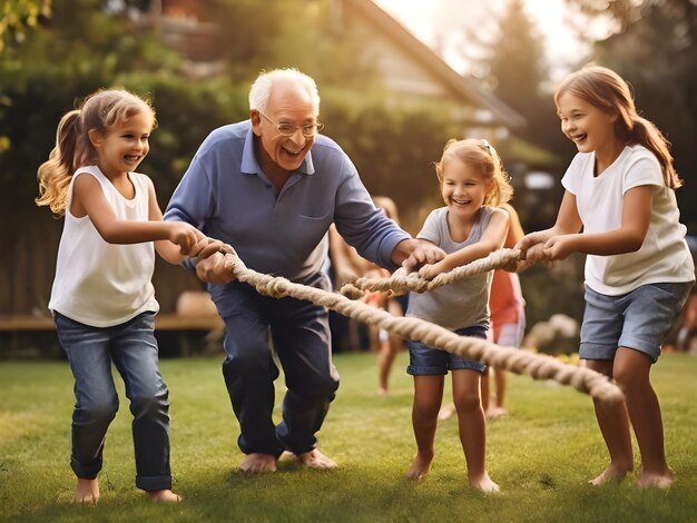 Photo a grandfather is pulling a rope with children and children playing