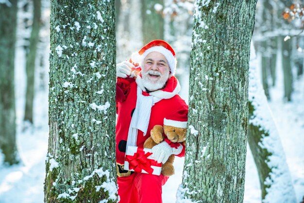 Grandfather santa walks in forest thanksgiving day and christmas merry christmas and happy new year ...