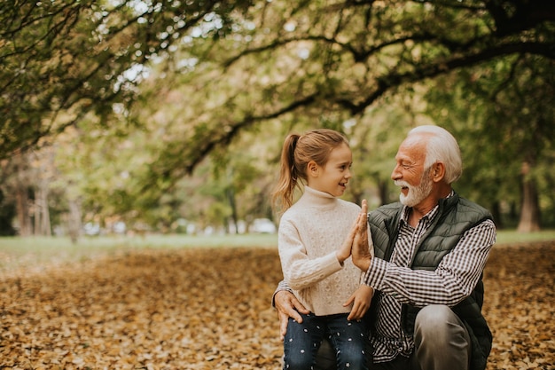 Grandfather spending time with his granddaughter in park on autumn day