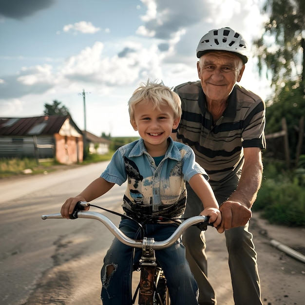 Grandfather teaching grandson to ride a bike