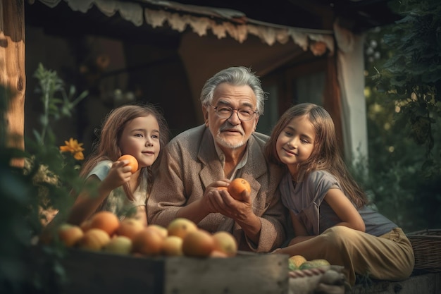 Grandfather with granddaughters home garden Outside exercise Generate Ai