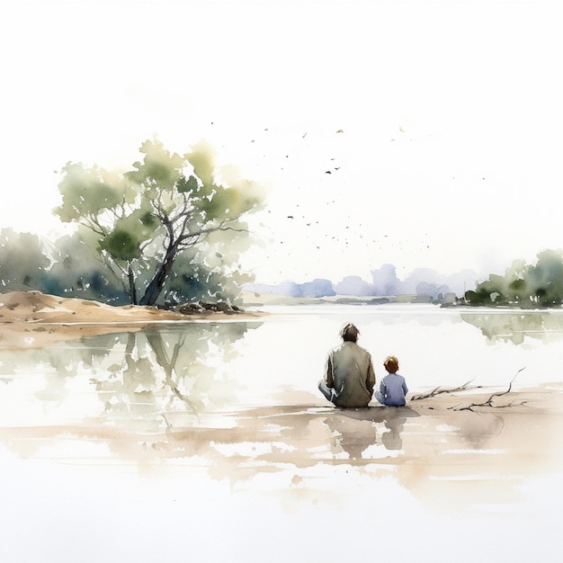 Grandfather with little son landscape minimalist watercolor