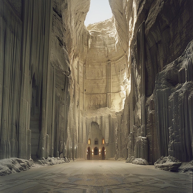 A grandiose towering hallway carved into a stone mountain