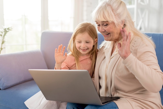 Grandma and girl having video call