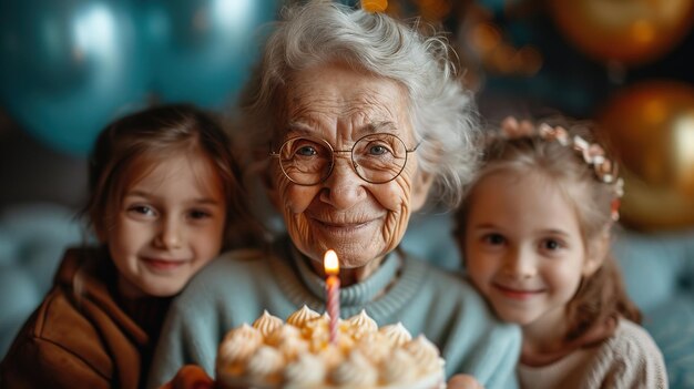 Grandma and grandchildren are sitting in front of a birthday cake