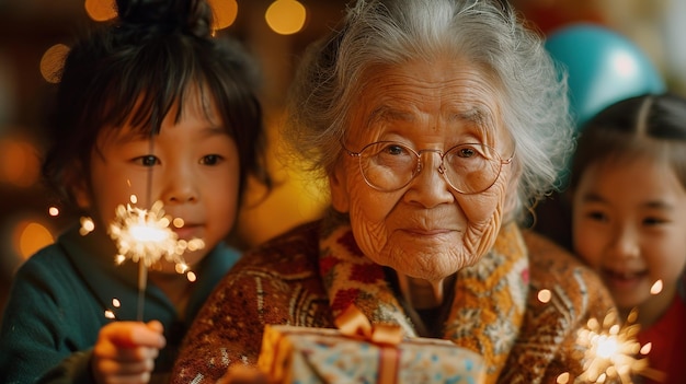 Grandma and grandchildren are sitting in front of a birthday cake