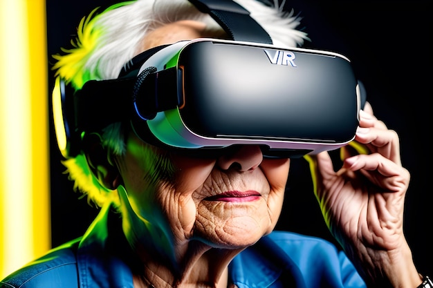 Grandma plays games through VR glasses AI generated