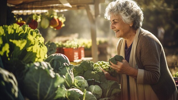 Grandma sells vegetables and fruits at the farmers market food