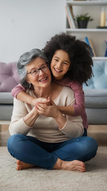 Grandma with girl at home having fun