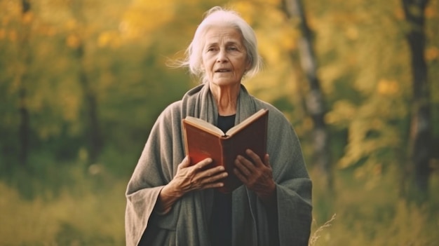 Grandma with gray hair is holding a bible reading the Bible in a natural setting Concept of religion spirituality and faith calm and hope GENERATE AI