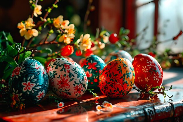 Grandmas handpainted colourful Easter eggs seen in closeup