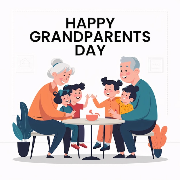 Grandmother and father flat illustration with grandchildren for grandparents day